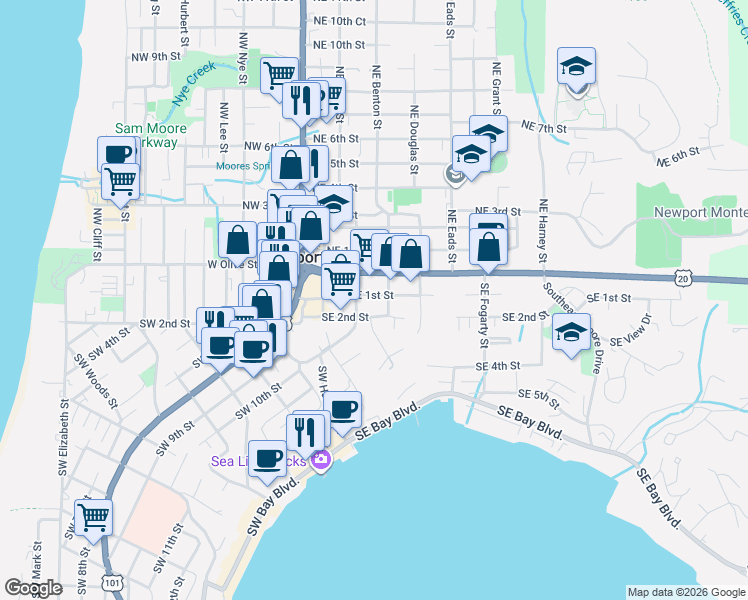 map of restaurants, bars, coffee shops, grocery stores, and more near 256 Southeast 1st Street in Newport