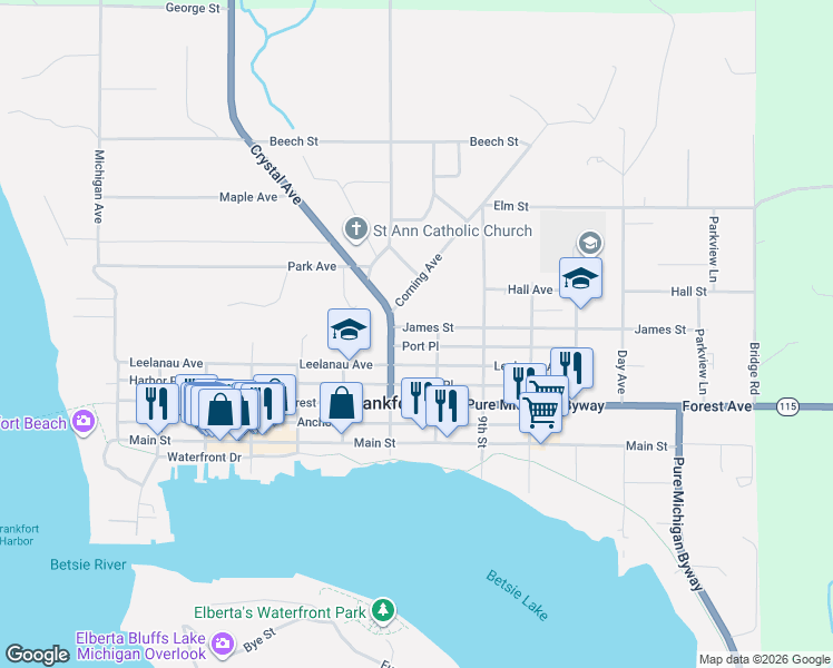 map of restaurants, bars, coffee shops, grocery stores, and more near 700-798 James St in Frankfort