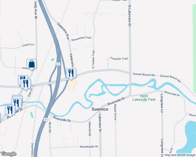 map of restaurants, bars, coffee shops, grocery stores, and more near 1423 Sunset Beach Road in Suamico