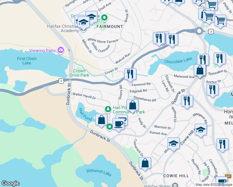 map of restaurants, bars, coffee shops, grocery stores, and more near 7 Walsh Court in Halifax