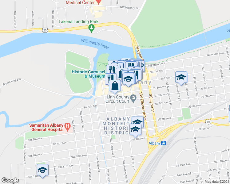 map of restaurants, bars, coffee shops, grocery stores, and more near 445 Southwest 3rd Avenue in Albany