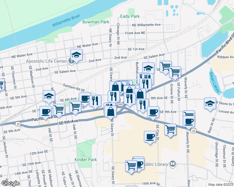 map of restaurants, bars, coffee shops, grocery stores, and more near 1857 Santiam Road Southeast in Albany