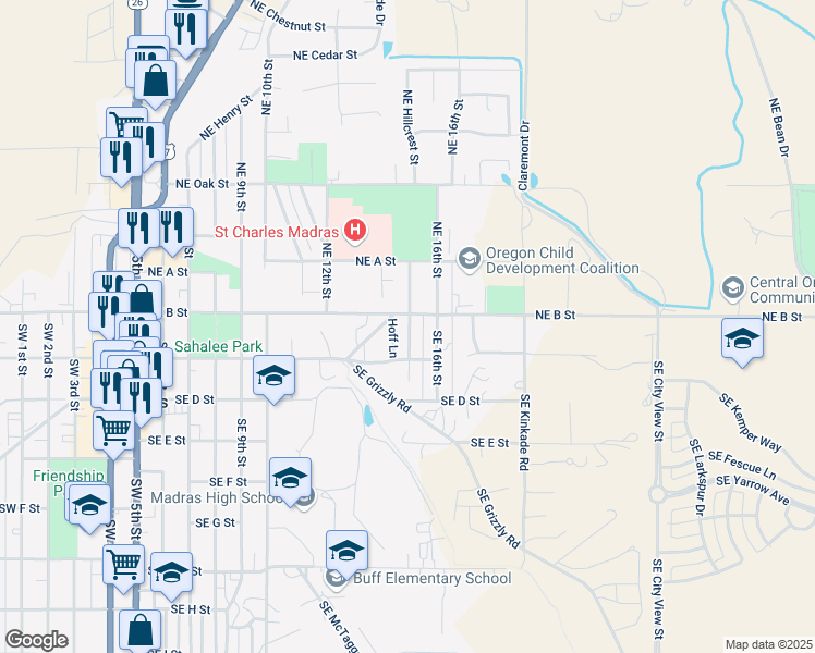 map of restaurants, bars, coffee shops, grocery stores, and more near 36 Southeast Hillcrest Street in Madras