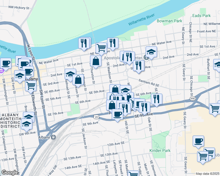 map of restaurants, bars, coffee shops, grocery stores, and more near 839 Southeast 5th Avenue in Albany