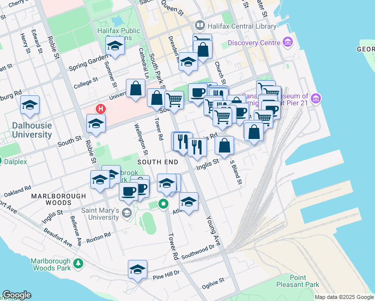 map of restaurants, bars, coffee shops, grocery stores, and more near 1061 South Park Street in Halifax