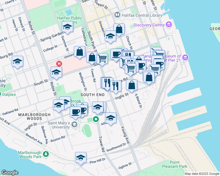 map of restaurants, bars, coffee shops, grocery stores, and more near 1061 South Park Street in Halifax