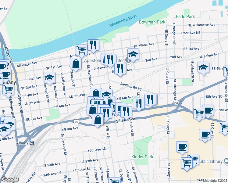 map of restaurants, bars, coffee shops, grocery stores, and more near 523 Main Street Southeast in Albany
