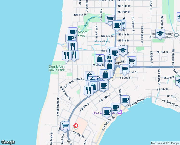 map of restaurants, bars, coffee shops, grocery stores, and more near 106 Southwest Cottage Street in Newport