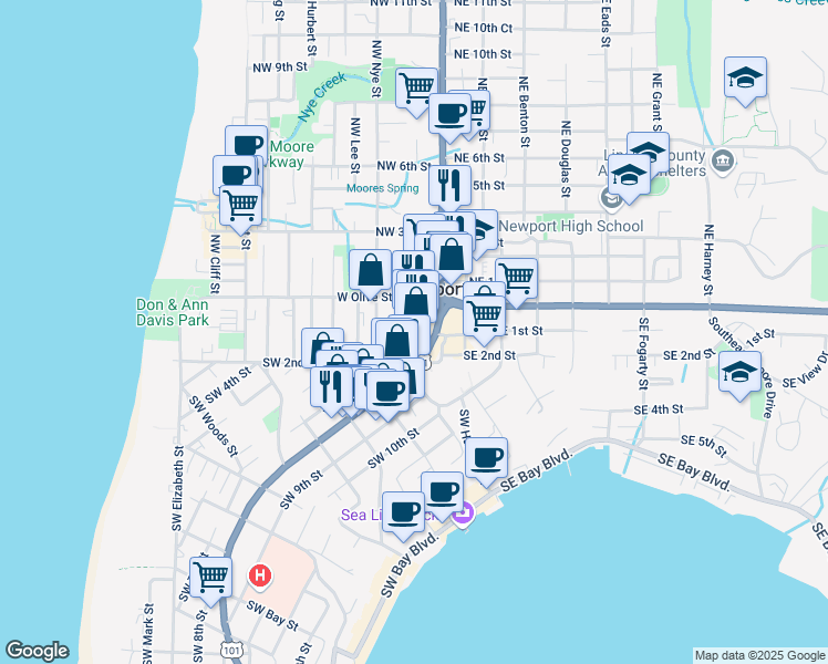 map of restaurants, bars, coffee shops, grocery stores, and more near 44 Oregon Coast Highway in Newport