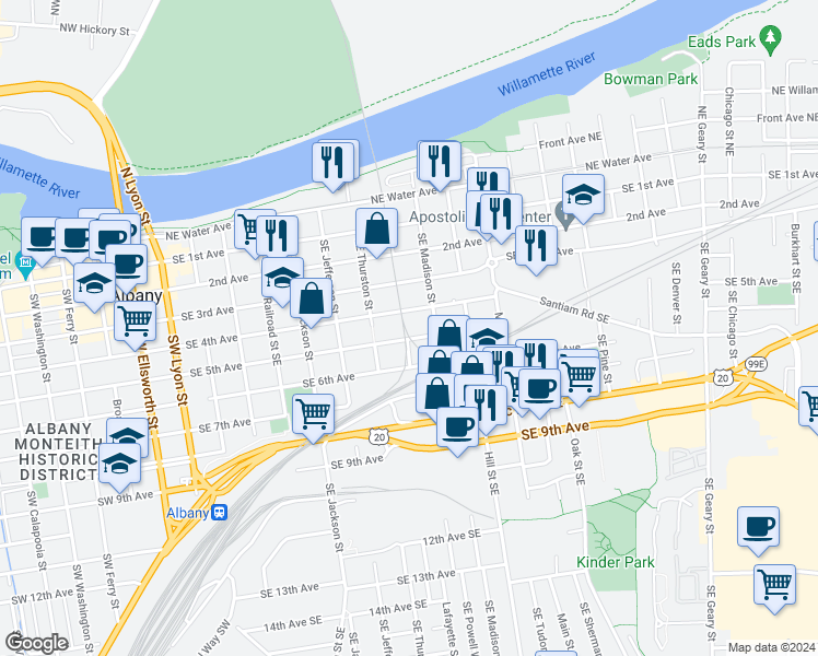 map of restaurants, bars, coffee shops, grocery stores, and more near 839 Southeast 5th Avenue in Albany