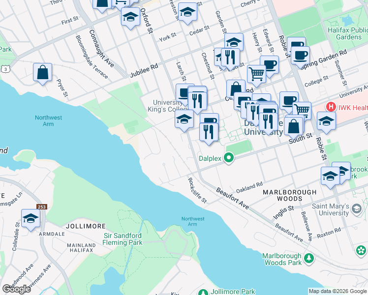 map of restaurants, bars, coffee shops, grocery stores, and more near 1350 Oxford Street in Halifax