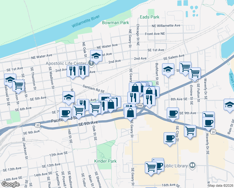 map of restaurants, bars, coffee shops, grocery stores, and more near 1605 Santiam Road Southeast in Albany