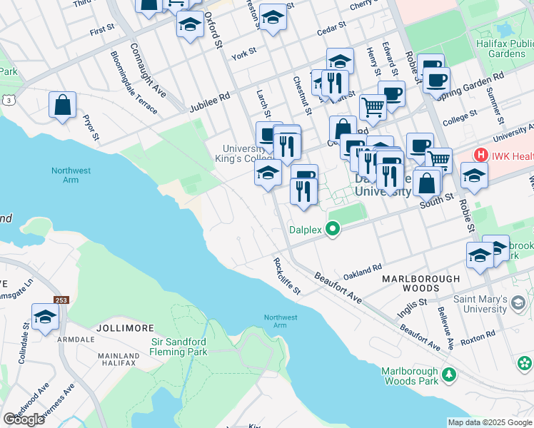 map of restaurants, bars, coffee shops, grocery stores, and more near 1350 Oxford Street in Halifax