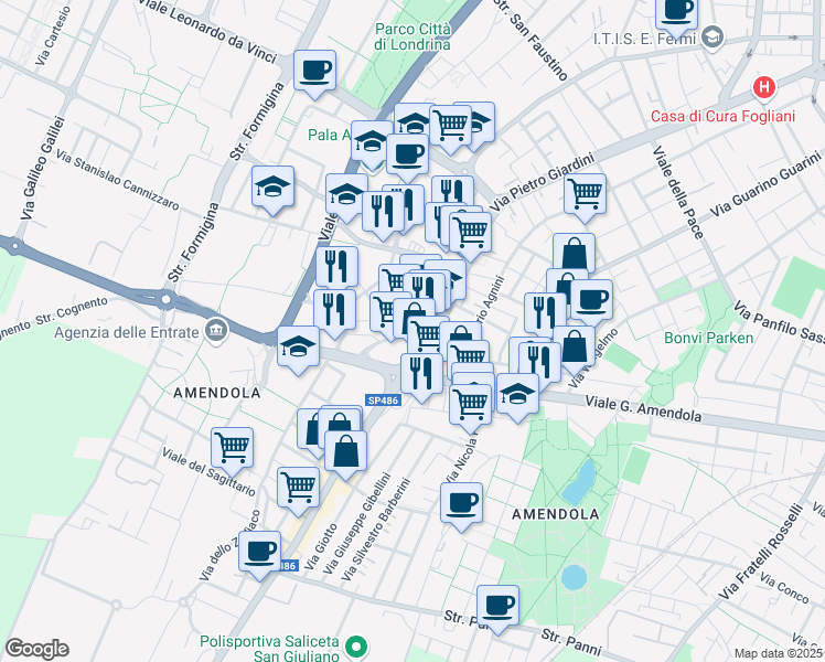 map of restaurants, bars, coffee shops, grocery stores, and more near 5 Strada Nazionale Giardini in Modena