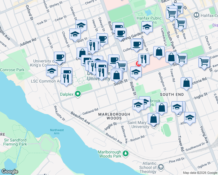 map of restaurants, bars, coffee shops, grocery stores, and more near 6118 South Street in Halifax