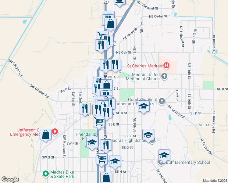 map of restaurants, bars, coffee shops, grocery stores, and more near 35 Southeast 6th Street in Madras