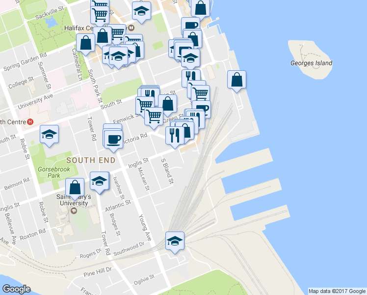 map of restaurants, bars, coffee shops, grocery stores, and more near 5386 Inglis Street in Halifax