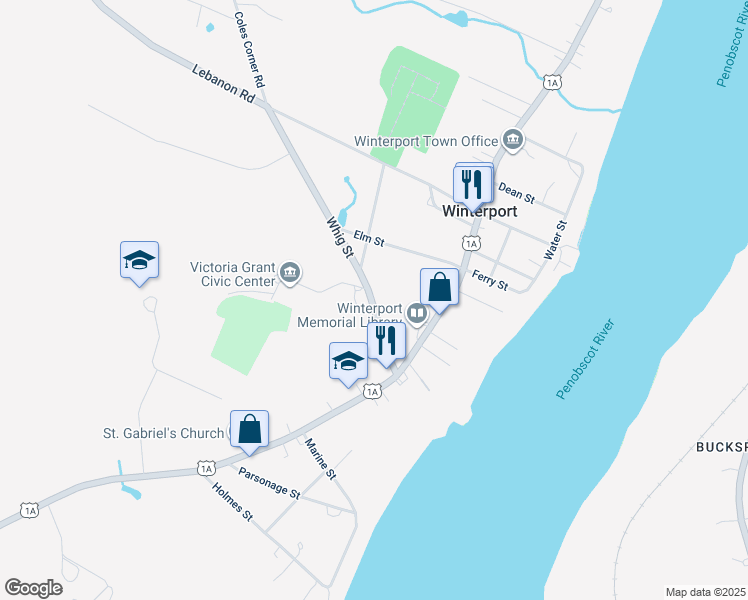 map of restaurants, bars, coffee shops, grocery stores, and more near 25 Whig Street in Winterport