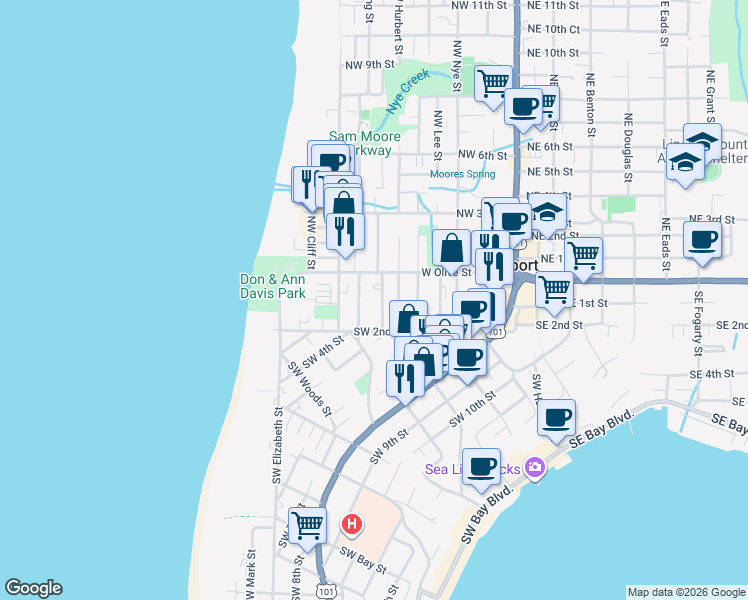 map of restaurants, bars, coffee shops, grocery stores, and more near 118 Southwest Brook Street in Newport