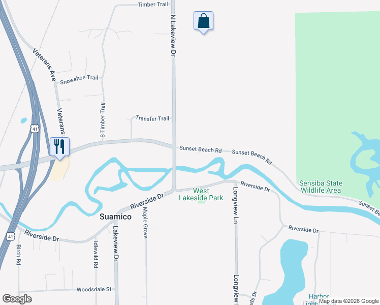 map of restaurants, bars, coffee shops, grocery stores, and more near 1195 Block Sunset Beach Road in Suamico