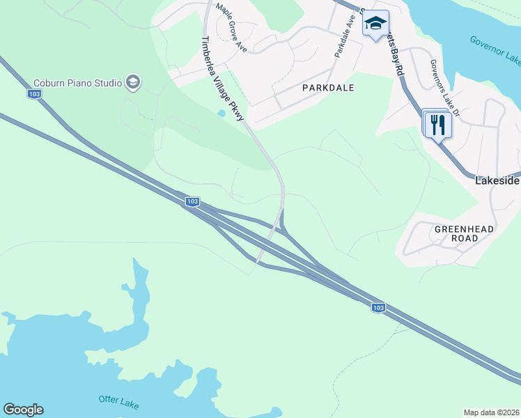 map of restaurants, bars, coffee shops, grocery stores, and more near 16 Marketway Lane in Timberlea
