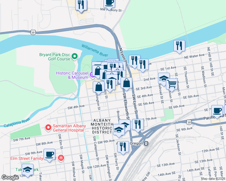 map of restaurants, bars, coffee shops, grocery stores, and more near 305 Southwest 3rd Avenue in Albany