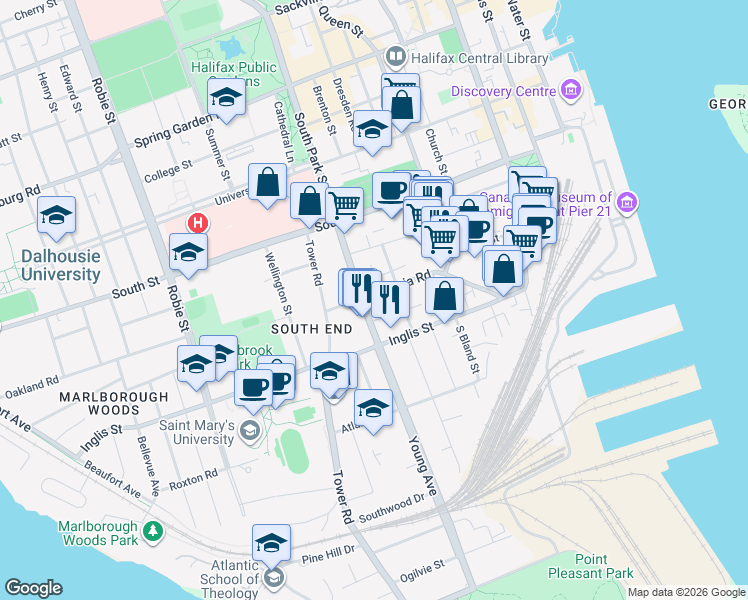map of restaurants, bars, coffee shops, grocery stores, and more near 5686 Victoria Road in Halifax
