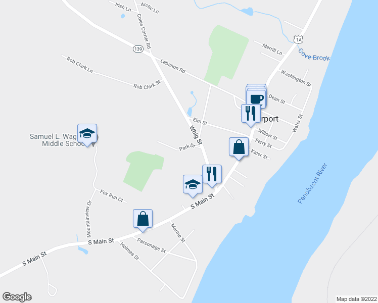 map of restaurants, bars, coffee shops, grocery stores, and more near 12 Park Drive in Winterport
