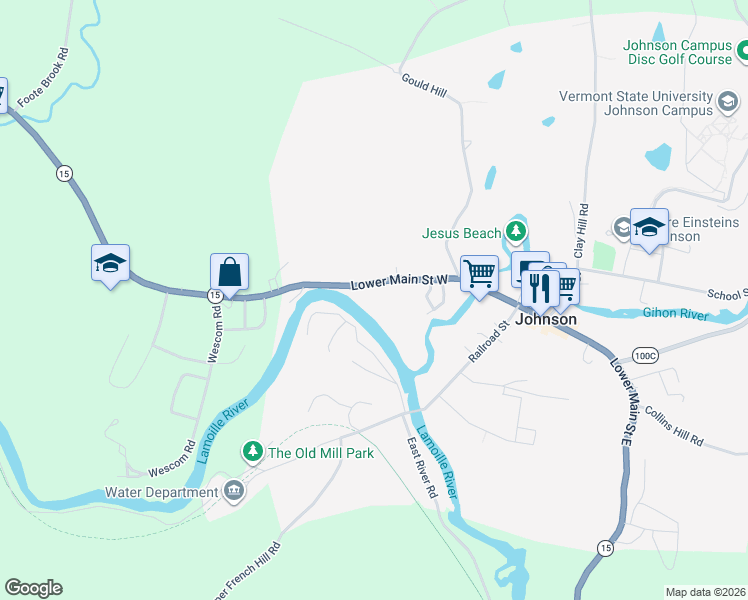 map of restaurants, bars, coffee shops, grocery stores, and more near 395 Lower Main Street West in Johnson