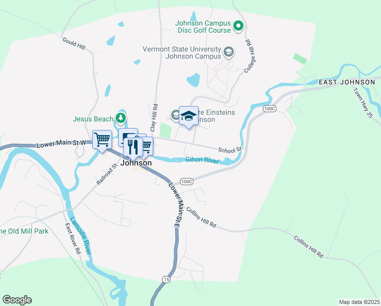 map of restaurants, bars, coffee shops, grocery stores, and more near 182 School Street in Johnson