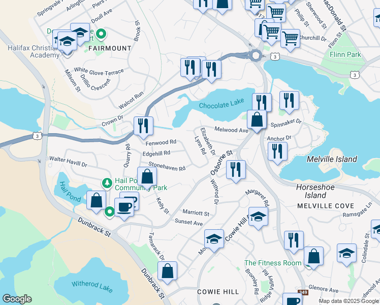 map of restaurants, bars, coffee shops, grocery stores, and more near 44 Fenwood Road in Halifax