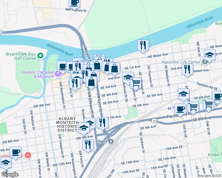 map of restaurants, bars, coffee shops, grocery stores, and more near 222 Southeast 3rd Avenue in Albany