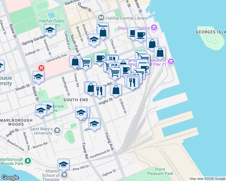 map of restaurants, bars, coffee shops, grocery stores, and more near 1036 Bland Street in Halifax