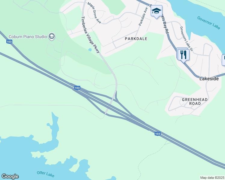 map of restaurants, bars, coffee shops, grocery stores, and more near 16 Marketway Lane in Timberlea