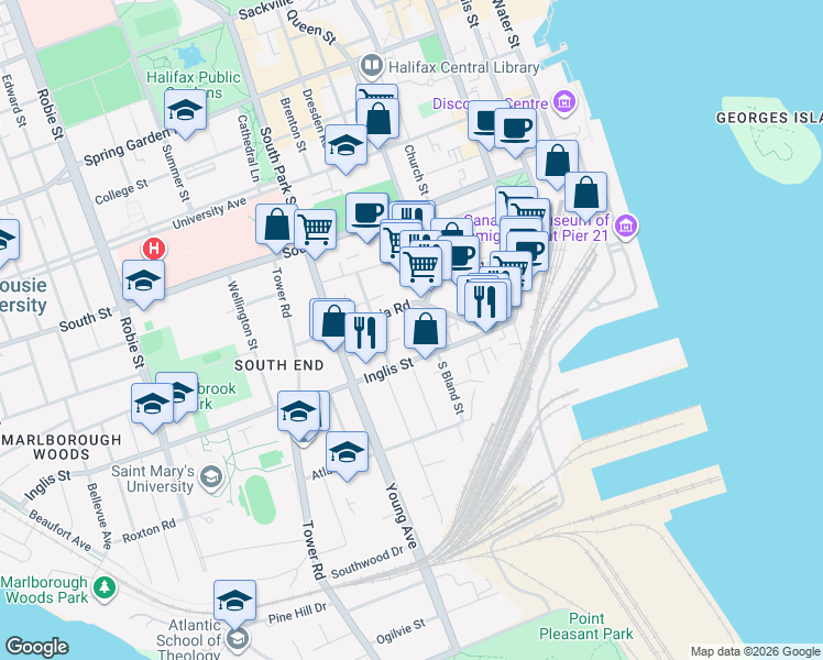 map of restaurants, bars, coffee shops, grocery stores, and more near 1036 Bland Street in Halifax
