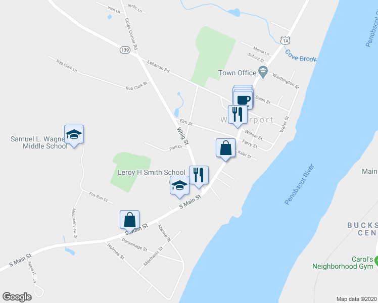 map of restaurants, bars, coffee shops, grocery stores, and more near 2 Park Drive in Winterport