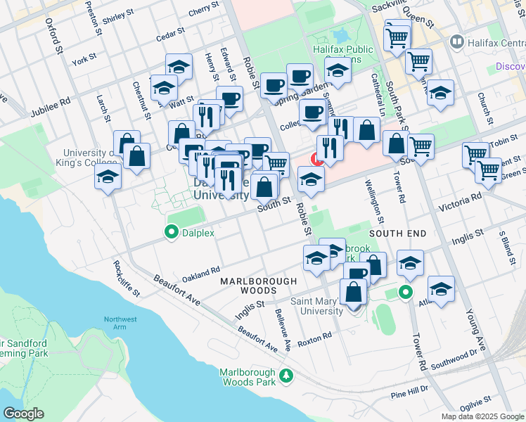 map of restaurants, bars, coffee shops, grocery stores, and more near 6080 South Street in Halifax