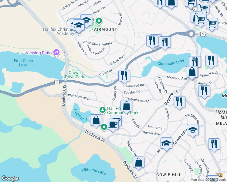 map of restaurants, bars, coffee shops, grocery stores, and more near Knollwood Lane in Halifax