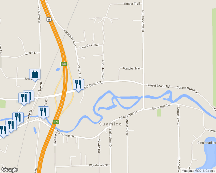 map of restaurants, bars, coffee shops, grocery stores, and more near 1423 Sunset Beach Rd in Suamico
