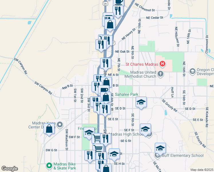 map of restaurants, bars, coffee shops, grocery stores, and more near 1 U.S. 97 Business in Madras