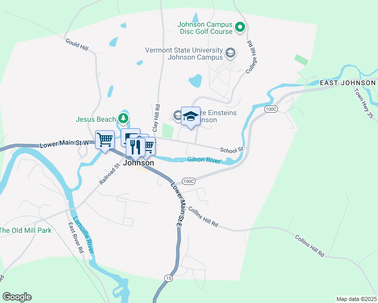 map of restaurants, bars, coffee shops, grocery stores, and more near 182 School Street in Johnson