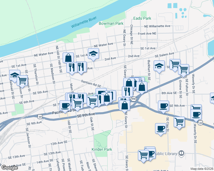 map of restaurants, bars, coffee shops, grocery stores, and more near 1426 Santiam Road Southeast in Albany