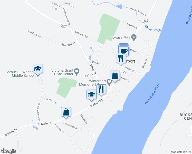 map of restaurants, bars, coffee shops, grocery stores, and more near 25 Whig Street in Winterport