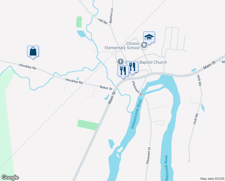 map of restaurants, bars, coffee shops, grocery stores, and more near 1063 Main Street in Clinton