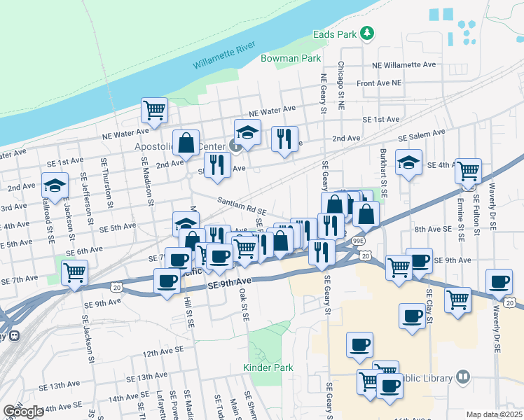 map of restaurants, bars, coffee shops, grocery stores, and more near 1417 Santiam Road Southeast in Albany