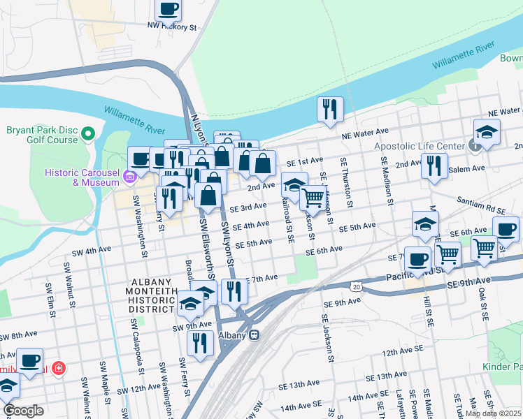 map of restaurants, bars, coffee shops, grocery stores, and more near 238 Southeast 3rd Avenue in Albany