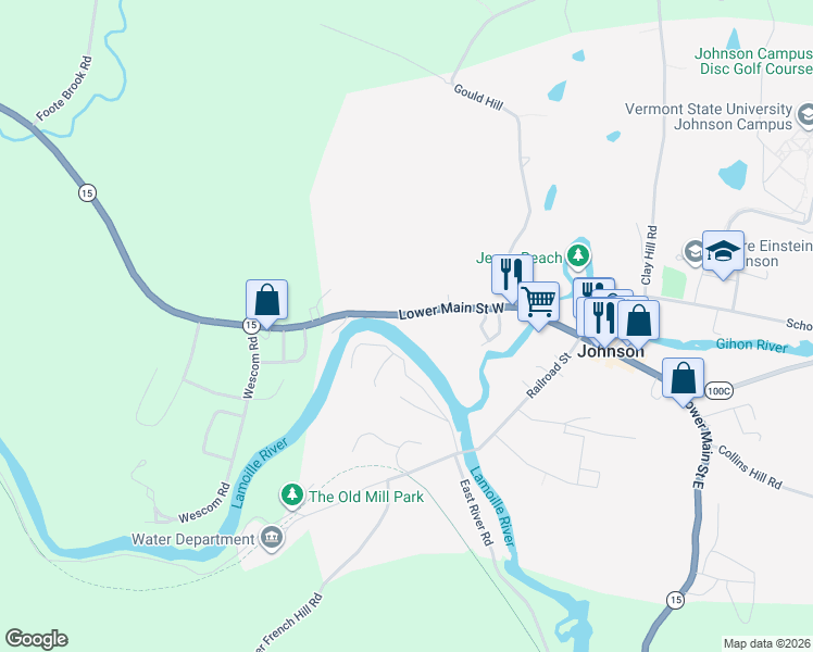 map of restaurants, bars, coffee shops, grocery stores, and more near 395 Lower Main Street West in Johnson