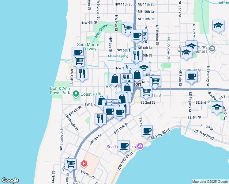 map of restaurants, bars, coffee shops, grocery stores, and more near 36 Southwest Nye Street in Newport