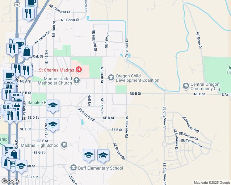 map of restaurants, bars, coffee shops, grocery stores, and more near 17 Southeast Revere Avenue in Madras