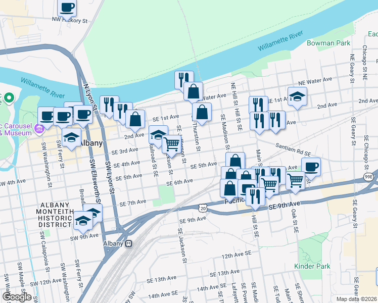map of restaurants, bars, coffee shops, grocery stores, and more near 620 Southeast 4th Avenue in Albany